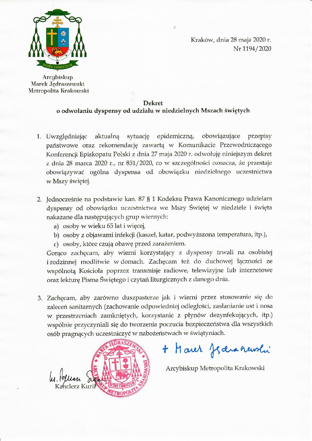 Dekret o odwołaniu dyspensy od udziału w niedzielnych Mszach świętych